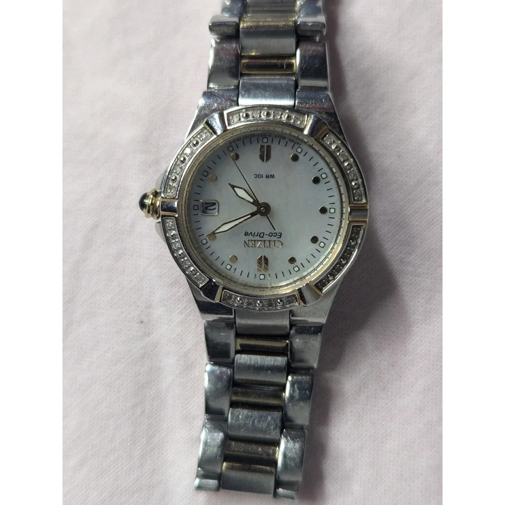 WORKING Citizen Eco-drive‎ Diamond accent 2 tone Womens mother of pearl Watch